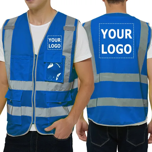 Vista 12 de TopTie Personaliza tu logotipo reflectante chaleco de seguridad cremallera frontal con 9 bolsillos, cumple con las normas ANSI/ISEA Clase 2