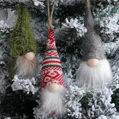 Vista 5 de Juego de 10 gnomos colgantes para árbol de Navidad, gnomos de felpa suecos hechos a mano, Papá Noel, elfo, decoración para el hogar, decoración