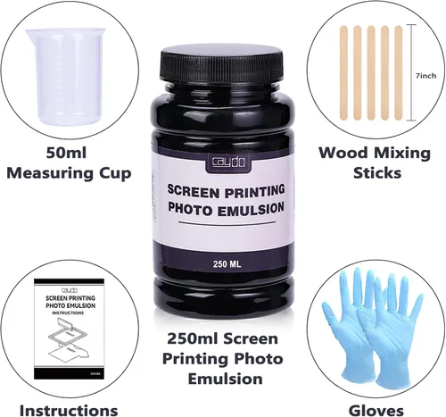 Vista 2 de Caydo Emulsión fotográfica para serigrafía (8.5 oz), sensibilizador diazo (0.04 oz), taza medidora, guantes y 5 palitos de agitación, suministros