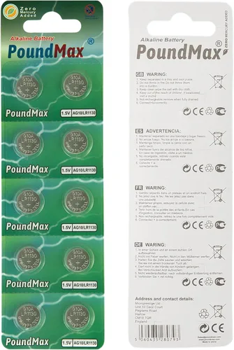Vista 3 de PoundMax AG10 LR1130 Baterías 1.5 Batería de Botón Alcalino Paquete Combo - 10
