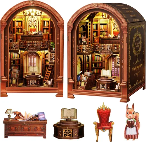 Vista 13 de Spilay Kit de rincón de libros para adultos, kit de casa de muñecas en miniatura con luz LED, rompecabezas de madera 3D, decoración creativa
