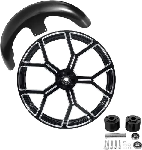 Vista 84 de TCMT Llanta de rueda delantera de 21", buje de rueda de brida de doble disco con guardabarros delantero negro sin pintar, compatible con modelos