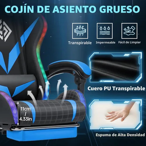 Vista 7 de Silla RGB para videojuegos con masaje y luces LED, ergonómicas, con reposapiés, respaldo alto, silla reclinable para computadora con soporte lumbar