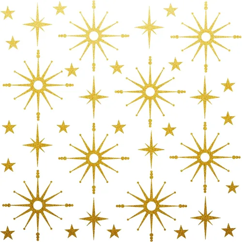 Vista 9 de Calcomanías de pared con estrella dorada, diseño retro de explosión de estrellas, calcomanías para dormitorio, sala de estar, decoración de techo