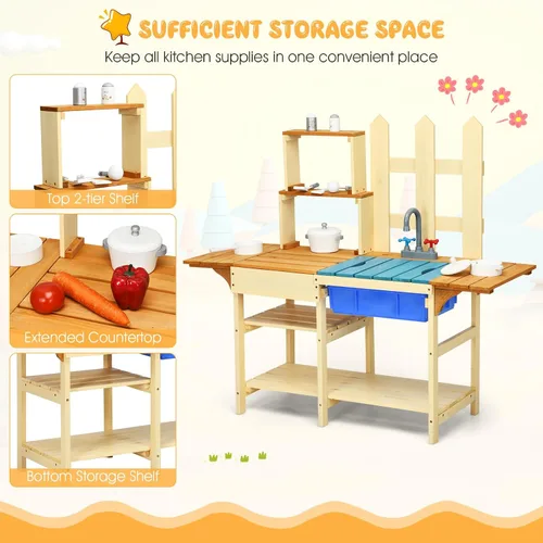 Vista 3 de HONEY JOY Juego de cocina de barro para niños, para interiores y exteriores, juguete de simulación de madera con fregadero extraíble, grifo