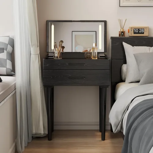 Vista 11 de Muwuele Escritorio pequeño de madera maciza con espejo y luces, tocador de maquillaje estrecho para espacios pequeños, mesa auxiliar de tocador