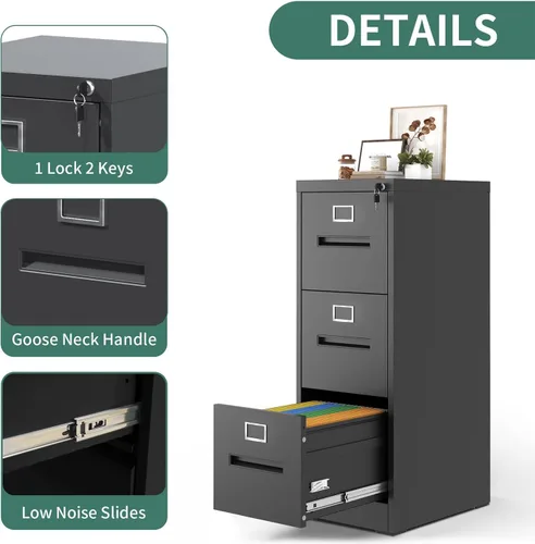Vista 4 de Archivador vertical de 3 cajones para oficina en casa, archivador de metal con cerradura para carpetas colgantes de tamaño legal/carta, antivuelcos