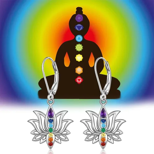 Vista 3 de Aretes de chakras, flor de loto, conejo, voleibol, 7 piedras de chakra, aretes colgantes para mujer, aretes colgantes de cristal curativo para yoga