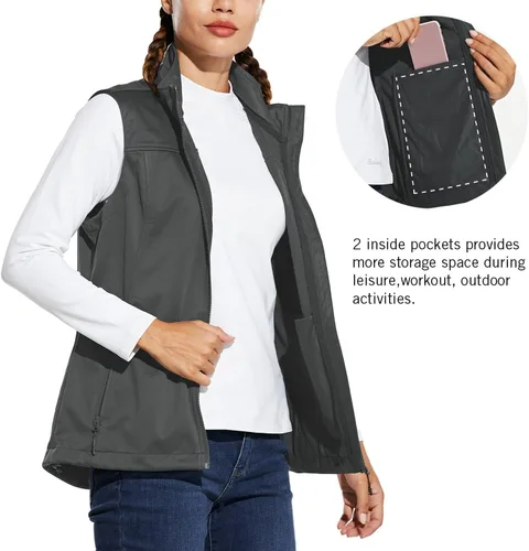 Vista 6 de baleaf Chaleco ligero Softshell sin mangas para mujer, resistente al viento, cuello alto con bolsillos con cremallera, correr, senderismo, golf