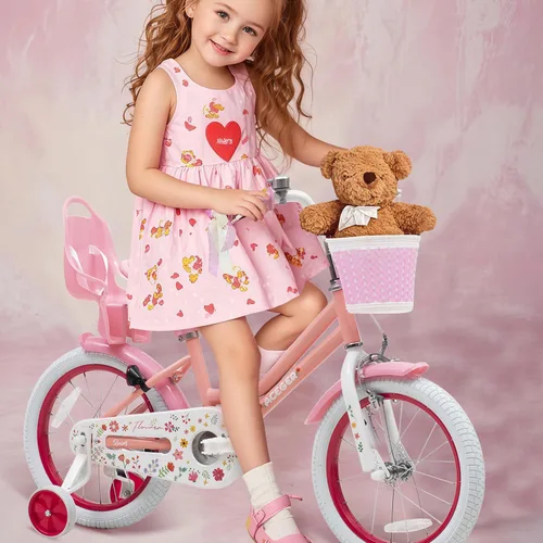 Vista 8 de ACEGER Girls Bike with Basket for Ages 2-12 Years Old Kids, 12 14 16 18 Inch with Training Wheels，Princess Style with Streamers, Handbrake & Coaster