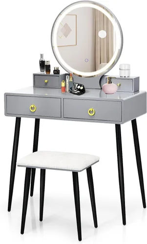 Vista 9 de COSTWAY Juego de tocador con espejo y luces, tocador de maquillaje con 3 modos de iluminación de color y brillo ajustable, espejo de tocador