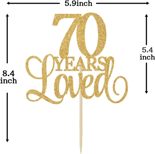 Vista 7 de Decoración para tartas de 70 años de amor, con texto en inglés "Cheers to 70 Years", decoración para tarta de cumpleaños de 70 años, 70 aniversario