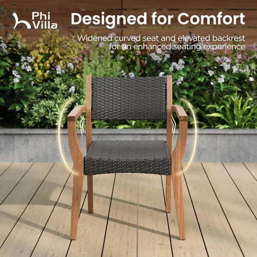 Vista 5 de PHI VILLA Juego de 2 sillas de madera de acacia para exteriores, sillones de comedor resistentes con respaldo y asiento de mimbre, muebles
