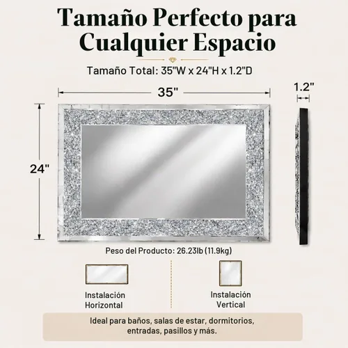 Vista 6 de SHYFOY Espejos de diamante triturado para decoración de pared, espejo decorativo rectangular de 35.4 x 23.6 pulgadas, grandes para sala de estar