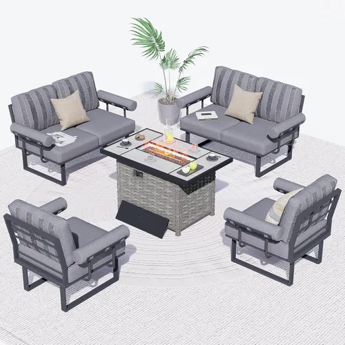 Vista 8 de HOOOWOOO Juego de 4 muebles de patio al aire libre, sofá de conversación moderno exterior de aluminio, asiento de sofá resistente a la intemperie