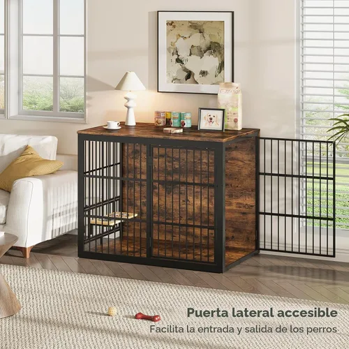 Vista 3 de Lyromix Mueble de jaula para perros XXL de 48 pulgadas con alimentador giratorio, mesa auxiliar de madera grande, jaula de interior resistente