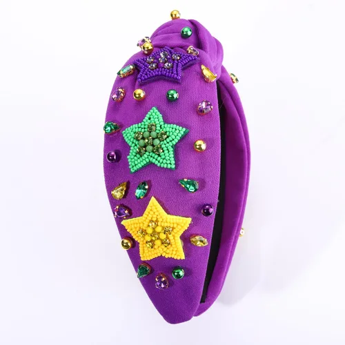 Vista 5 de MOLOCH Diadema de Mardi Gras para mujer, con cuentas moradas, amarillas, verdes, estrellas, diadema anudada, carnaval, joyería de cristal, nudo