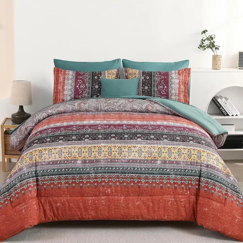 Vista 11 de Cottolester - Juego de edredón bohemio de tamaño matrimonial, 8 piezas, ropa de cama de microfibra suave en una bolsa, rayada y de color aguamarina