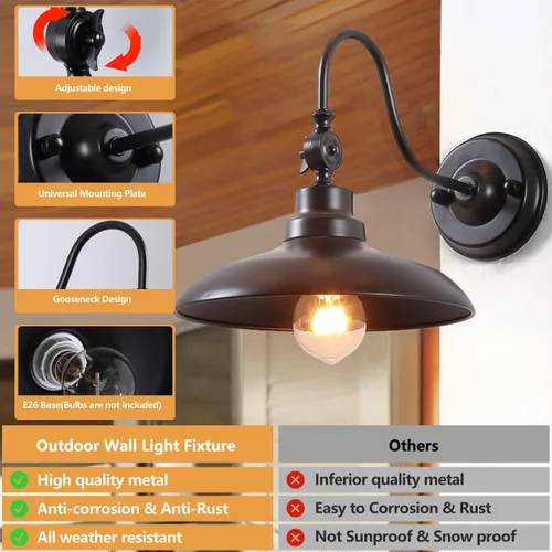 Vista 6 de Luces de pared para exteriores, color negro mate, cuello de cisne, luz de granero de 9.8 pulgadas, ángulo ajustable, impermeable, lámparas de pared