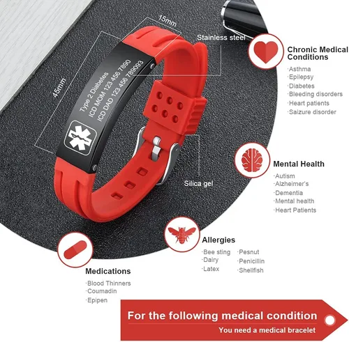 Vista 38 de OPALSTOCK Pulseras médicas personalizadas de silicona ajustable para identificación de emergencias, grabado gratuito, 9 pulgadas, resistente al