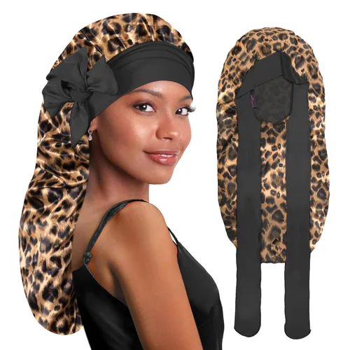 Vista 11 de BONNET QUEEN Gorro de Trenza de Seda Gorro Plegable Extra Largo para Trenzas con Banda de Atar, Capó de Satén Largo para Dormir, Verde Oscuro