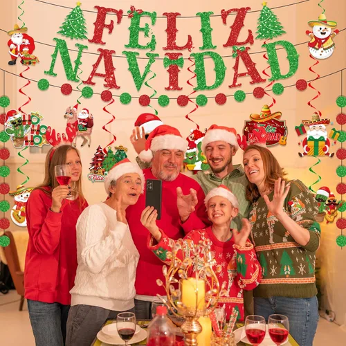 Vista 2 de Decoraciones navideñas mexicanas - Cartel de Feliz Navidad y remolinos colgantes
