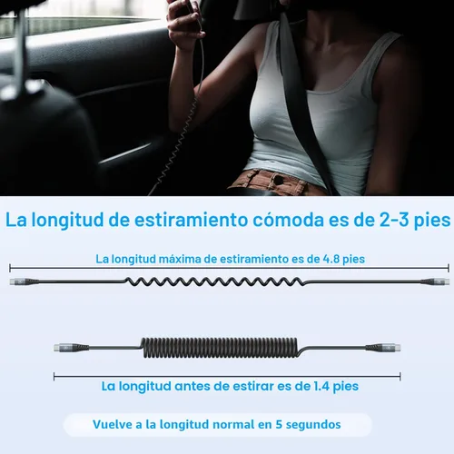 Vista 7 de Cable USB C a C de 3 pies, paquete de 2 cables de carga USB C en espiral para automóvil tipo C, cable de carga rápida para iPhone
