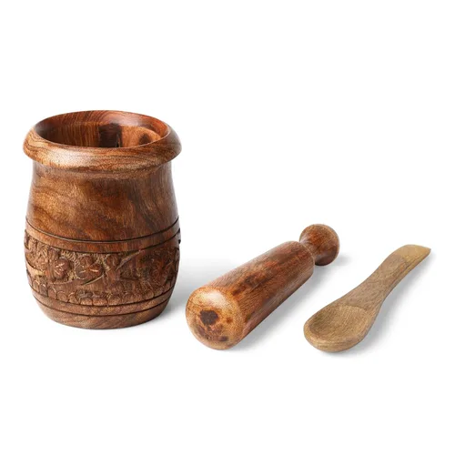 Vista 2 de GoCraft Mortero y mortero tallados de madera Molinillo para hierbas, especias y uso en cocina, madera de mango natural grabada Mortero y mortero