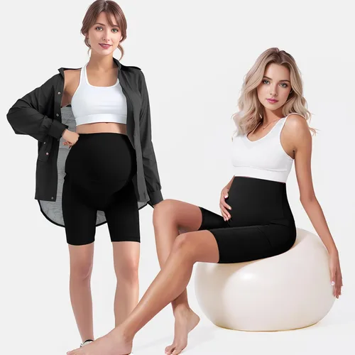 Vista 4 de Buauty Pantalones cortos de maternidad para mujer con bolsillos sobre el vientre, yoga, correr, atletismo, embarazo, pantalones cortos de descanso
