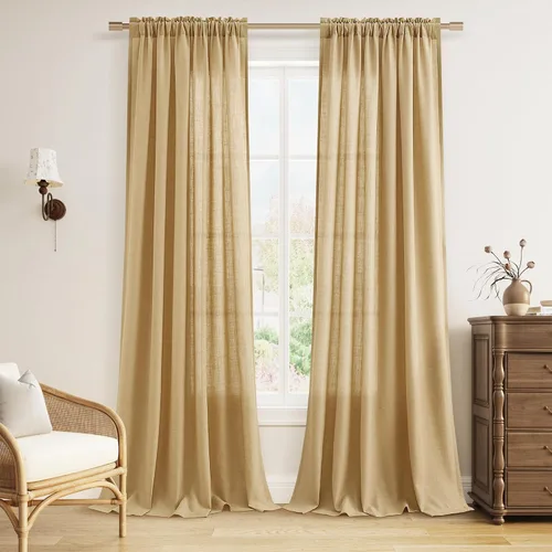 Vista 18 de Cortinas de lino verde aguamarina de 84 pulgadas de largo, juego de 2 paneles semitransparentes con bolsillo para barra para comedor, decoración