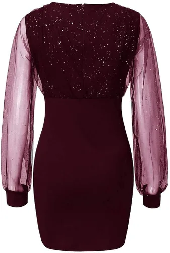 Vista 4 de NAMTYQX Vestido corto de manga larga con cuello en V y purpurina para mujer talla grande con lentejuelas cóctel fiesta club noche