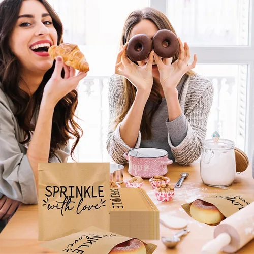 Vista 7 de AnyDesign Paquete de 100 bolsas de bufé de dulces de donas, autoadhesivas, espolvorear con amor, bolsas de papel kraft para golosinas de galletas