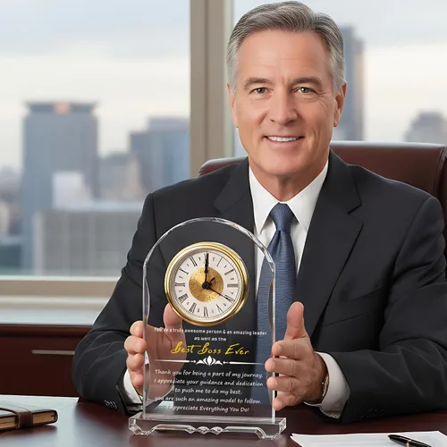 Vista 3 de Reloj de Cristal Significativo para Jubilación, Regalos para Mujeres y Hombres, Mejor Jefe de Todos, Feliz Reloj de Jubilación Placa de Regalo