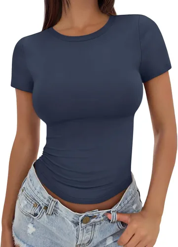 Vista 24 de Trendy Queen - Camisetas básicas para mujer, camisetas de verano, manga corta, ajustadas, linda ropa de entrenamiento para gimnasio Blanco