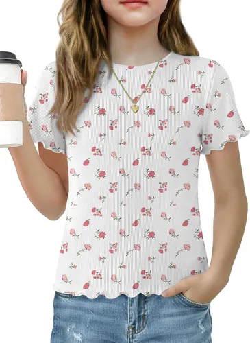 Vista 7 de Arshiner Camisas de manga corta con ribete de lechuga para niñas, camisetas de verano acanaladas con cuello redondo Blanco