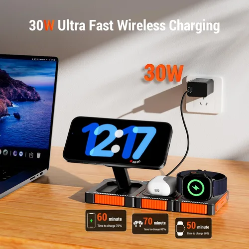 Vista 2 de Estación de carga inalámbrica de viaje desmontable 3 en 1 - Base de carga rápida de 30 W compatible con iPhone 17/16/15/14/13 Pro Max, Apple Watch