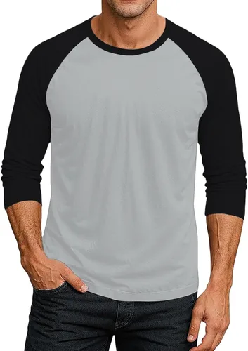 Vista 17 de Camiseta de béisbol raglán para hombre, manga larga, cuello redondo, tela ligera que absorbe la humedad para uso casual