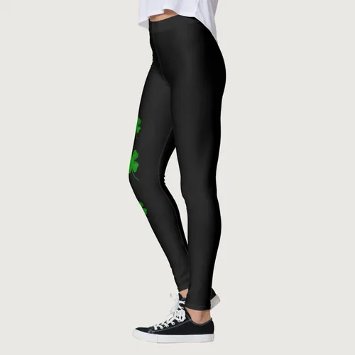 Vista 4 de soighxzc Leggings del día de San Patricio para mujer, con hojas de trébol, pantalones verdes, ajustados, con control de abdomen, pantalones de yoga