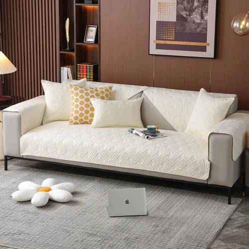 Vista 3 de vctops Funda acolchada geométrica para sofá modular de algodón, funda antideslizante en forma de L para niños y perros, respaldo y apoyabrazos, Beige