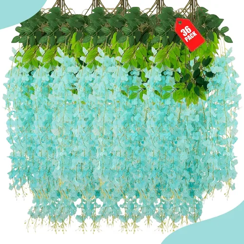 Vista 36 de Paquete de 12 flores colgantes de glicina rosa, flores colgantes falsas de 3.44 pies, guirnalda de glicina artificial para decoración de boda, telón