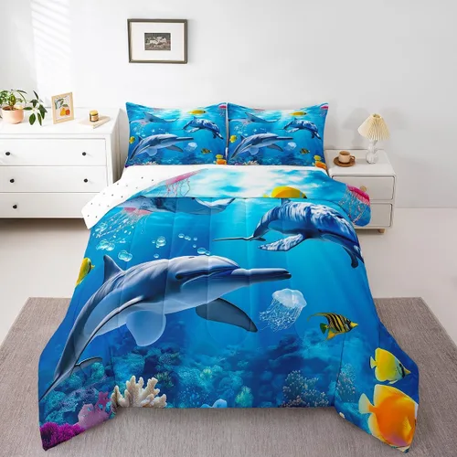 Vista 13 de Erosebridal Blue Ocean - Juego de edredón tamaño individual Juego de ropa de cama de ballena delfín y tortuga marina para niños y niñas, juego