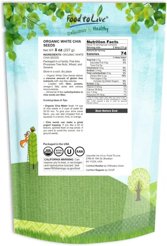 Vista 2 de Food to Live Semillas orgánicas de chía blanca, 8 onzas – enteras, crudas, kosher, keto, alimento para sirtfood, vegano, a granel. Rico en Omega 3