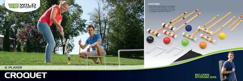 Vista 4 de Wild Sports Juego de croquet para 6 jugadores, incluye 6 mazos, 6 bolas, 2 estacas, 9 wickets, bolsa de almacenamiento, para todas las edades