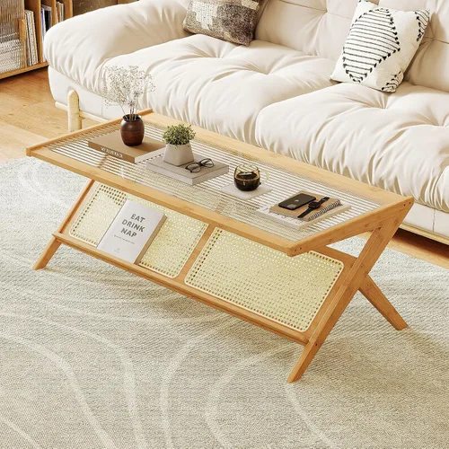 Vista 10 de Bamworld - Mesa de centro moderna de mediados de siglo con tapa de vidrio, mesa central de ratán con almacenamiento para sala de estar, color marrón