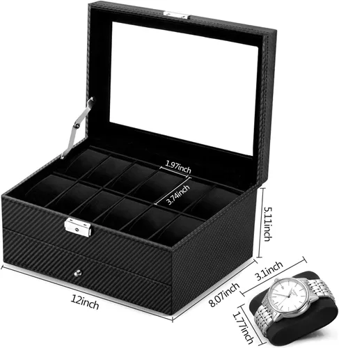 Vista 3 de Oyydecor Caja de reloj con 12 ranuras, organizador de relojes, organizador de joyas con cajón de joyería para almacenamiento y exhibición