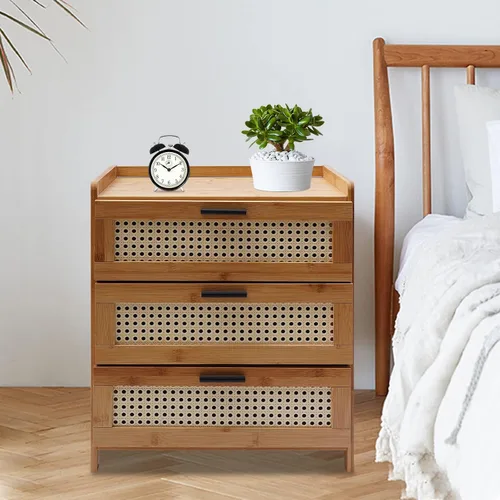 Vista 8 de Mesita de noche con cajón, mesa de noche moderna de mediados de siglo con cajón, mesa auxiliar de bambú para espacios pequeños, dormitorio, sala