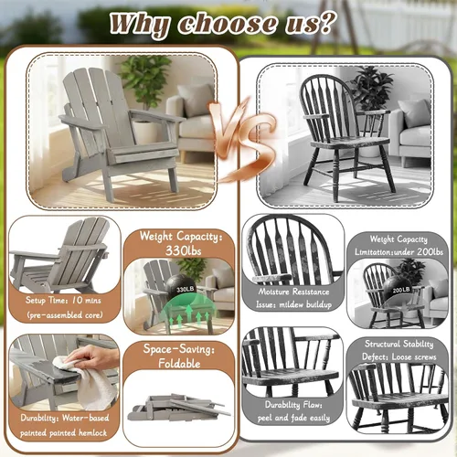 Vista 6 de Silla Adirondack plegable, de madera maciza, sillas para hogueras para todo tipo de clima, con respaldo premontado y tabla de asiento para terraza