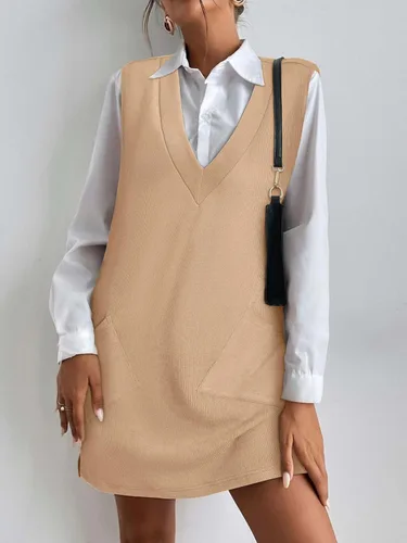 Vista 2 de VETIOR Women's Overall Sweater Vest Winter Spring Dress V Neck Sleeveless Pinafore Dress with Pockets
