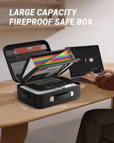 Vista 5 de Caja de Documentos Ignífuga Oterri, Caja Fuerte de Maletín con Cerradura, Organizador de Archivos Grande de 8 Capas Mejorado, Caja Fuerte Resistente