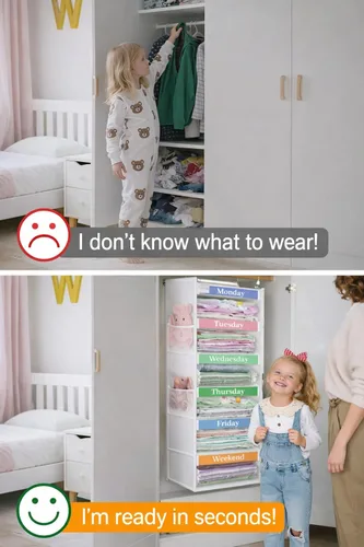 Vista 8 de punemi Organizador semanal de ropa para niños, 6 estantes colgantes con bolsillos laterales, diseño de días de la semana, 11.8 x 11.8 x 37.8